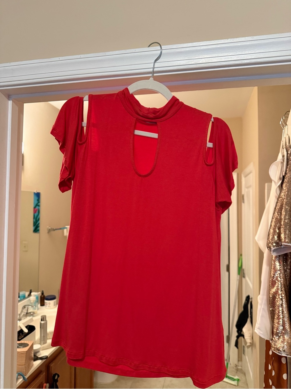 Dex Red Cold-Shoulder Mock Neck Top with Keyhole